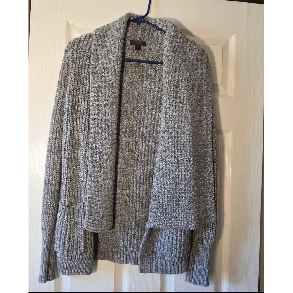 J.Crew Marles Gray Chunky Ribbed Shawl Collar Open Cardigan Sweater Pockets